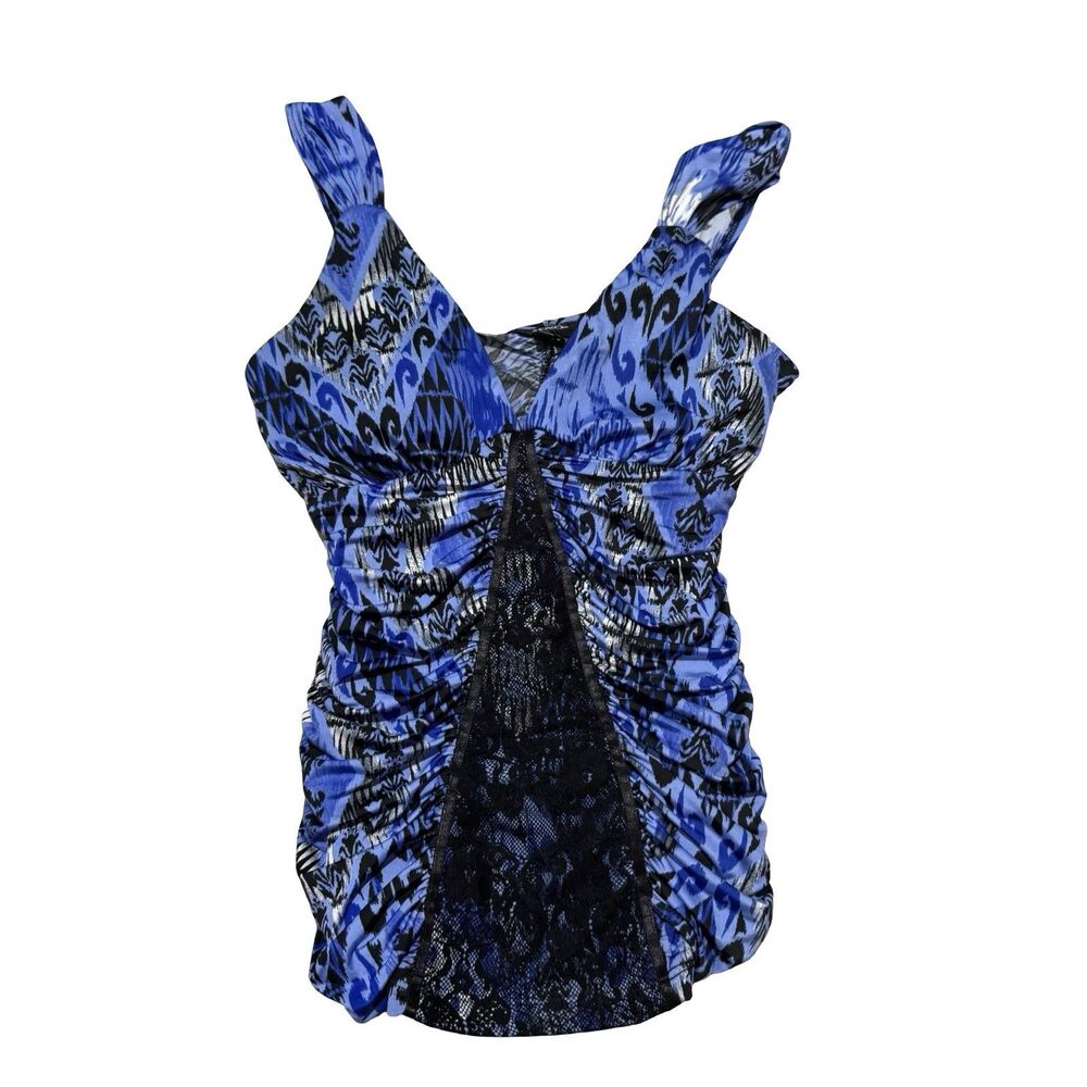 XOXO Blue Geometric Print Black Lace Medium Tank Top